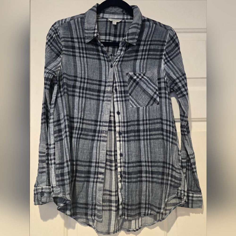 Lucky Brand Medium Blue Plaid Long Sleeve Collared Button Down